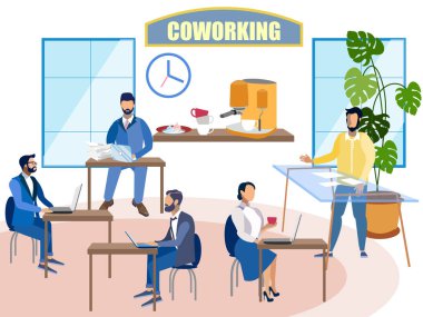 İç coworking. İnsanların çalışma. Minimalist tarzda. Düz izometrik vektör