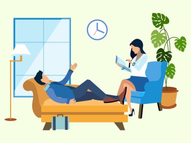 Psikolog bir resepsiyonda bir adam. Minimalist tarzda. Düz izometrik vektör