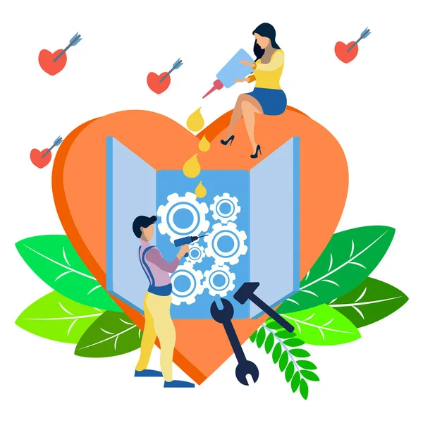 Valentines Day. Couple in love mending a broken heart. In minimalist style. Flat isometric — Stock Vector