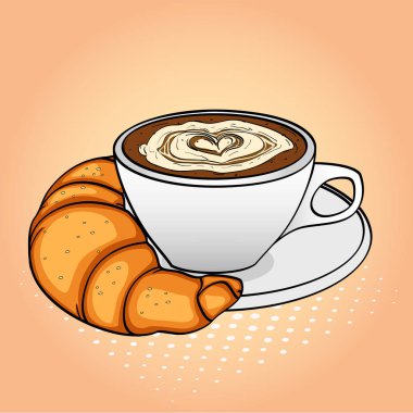 Pop art background, breakfast, coffee with cream and croissant. Raster clipart