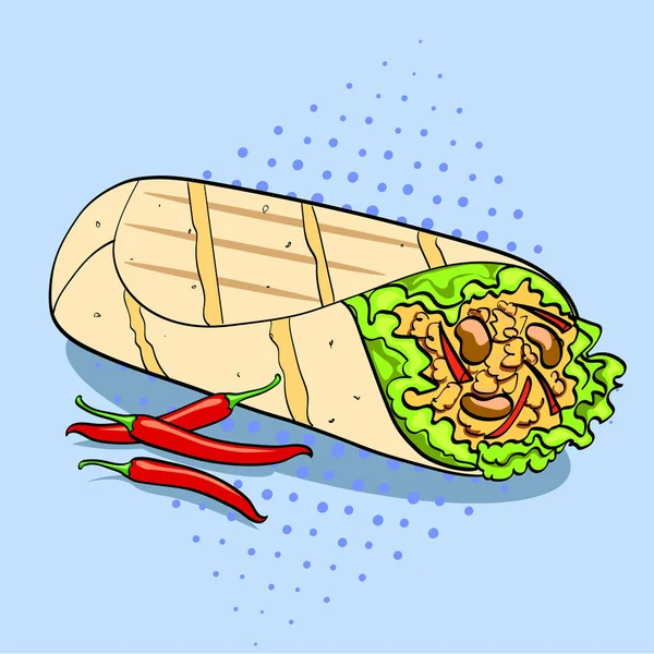 Shawarma 및 칠리 페 퍼 팝 아트 배경 음식 래스터. 만화 스타일 모방. — 스톡 사진