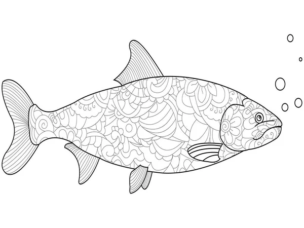 Anti-stress coloring for adults and children. Fish salmon black lines on a white background. Patterns of flowers raster — Stock Photo, Image