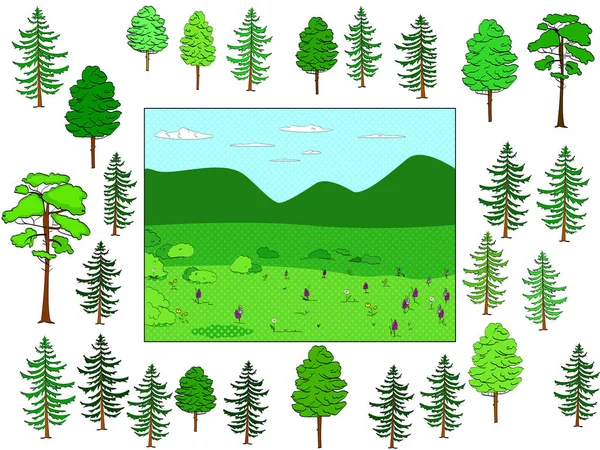 Ανάπτυξη παιχνιδιού παιδιών, κομμένα και να θέσει σε εφαρμογή. Υπόβαθρο του φυσικού δάσους και ξέφωτο, αντικείμενα των δέντρων. Ράστερ — Φωτογραφία Αρχείου