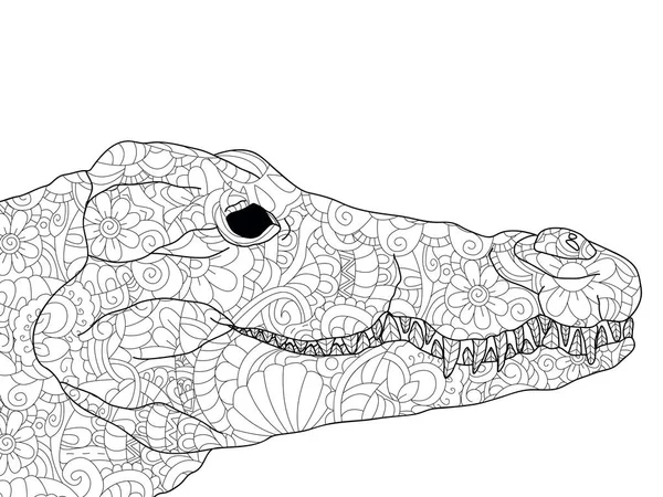 Крокодиловая голова окрашивает антистресс, чертежи черные линии и белый фон. Природа, цветы. Вектор — стоковый вектор