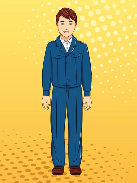 Un garçon soviétique, un écolier en uniforme scolaire, des vêtements. Fond pop art. Imitation du style BD. Vecteur — Image vectorielle