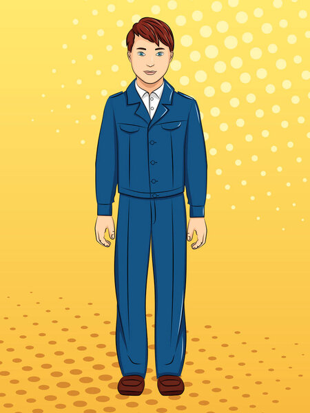 Soviet boy, schoolboy in school uniform, clothes. Pop art background. Imitation of comics style. Vector