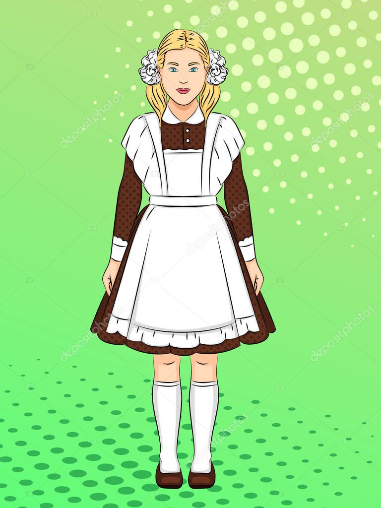 Soviet girl, schoolgirl in school uniform, clothes. Pop art background. Imitation of comics style. Vector