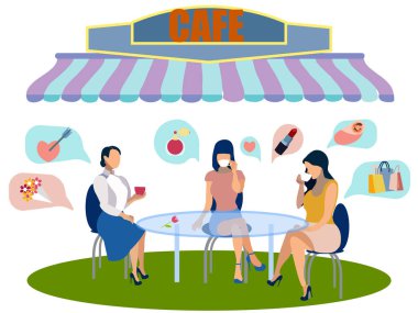 Kızlar bir kafede bekletin. Kadınlar konuşmaya Puan beyaz zemin üzerinde. Minimalist tarzda. Düz izometrik vektör