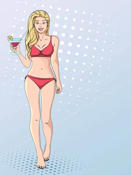 Поп-арт фон, имитация стиля комиксов. Красивая девушка в купальнике с бокалом коктейля гуляет по пляжу. Вектор — стоковый вектор