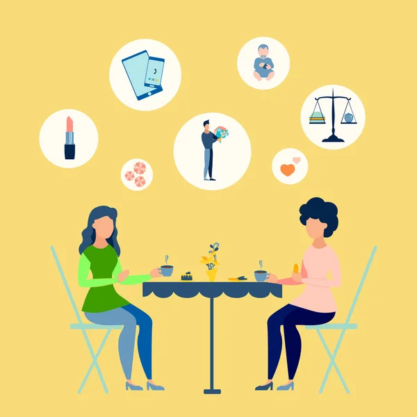 Las chicas descansan en un café. Mujeres hablando de puntos. En estilo minimalista. Vector isométrico plano — Archivo Imágenes Vectoriales