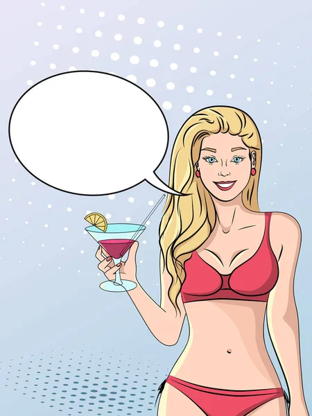 Popart achtergrond, imitatie van strips stijl. Een mooi meisje in een badpak met een glas van cocktail wandelingen langs het strand. Vector tekst zeepbel — Stockvector