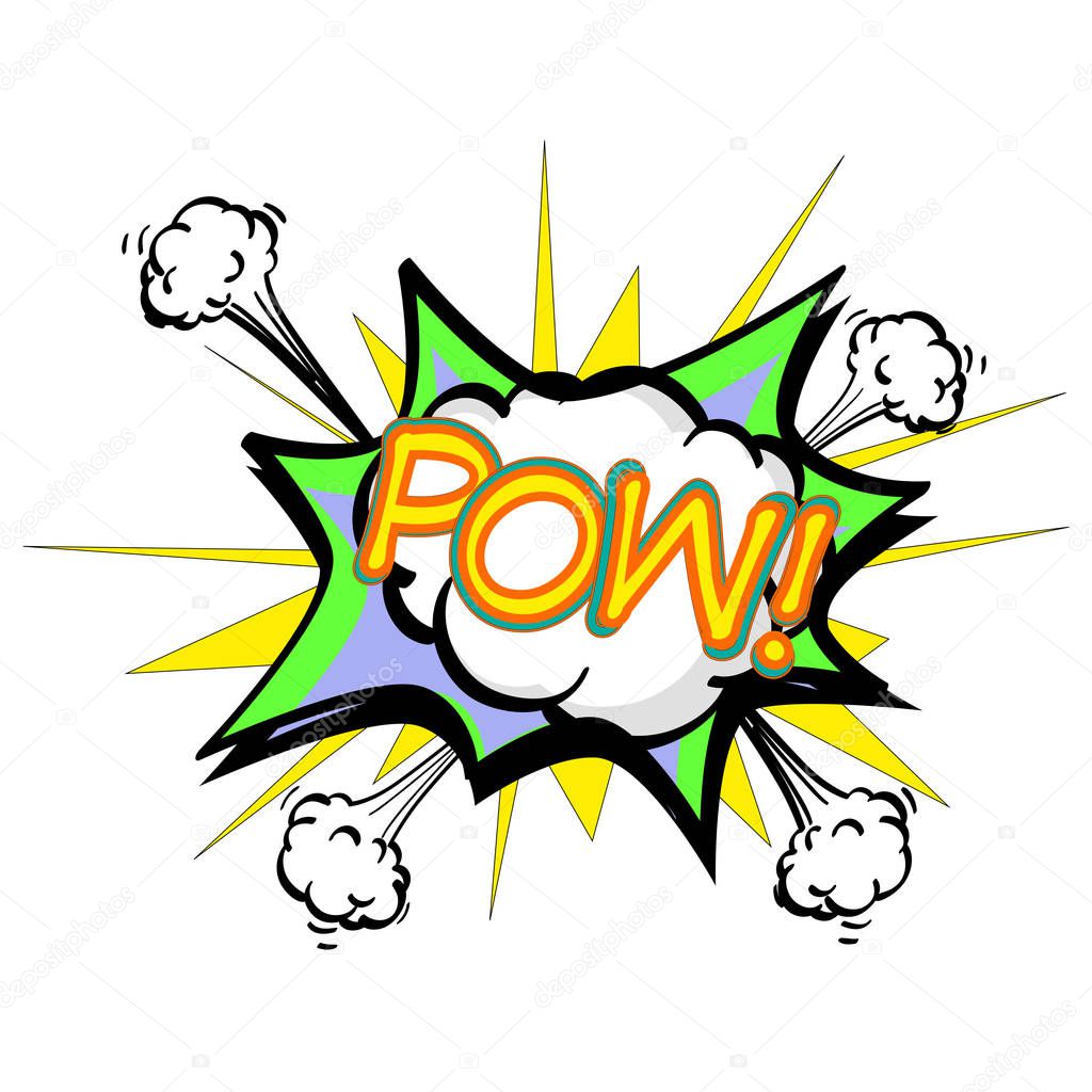 Pow, colorful speech bubble and explosions in pop art style. Elements of design comic books. Raster Object isolated on white