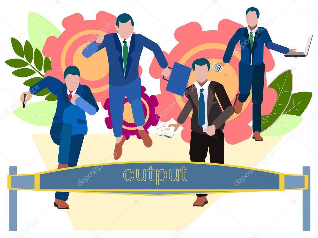 Output. Office staff run to the weekend. In minimalist style. Cartoon flat Vector