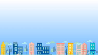 Seamless modeli. Sokak evleri ve ağaçlar. Sonsuz şehir. Minimalist tarzda. Düz izometrik