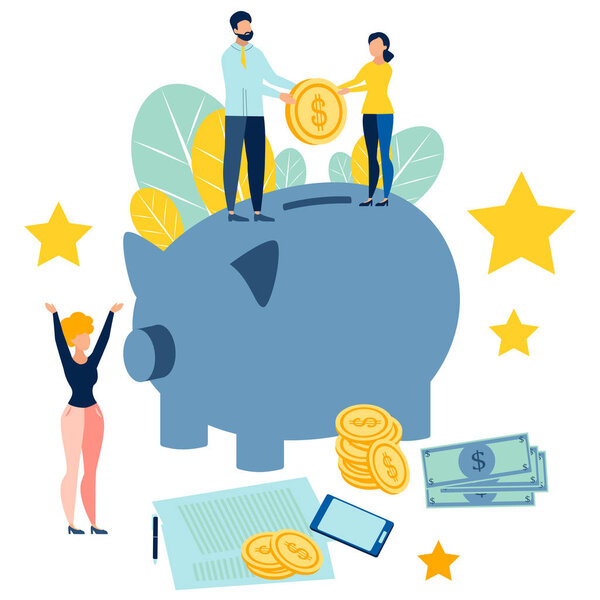 Пополнение семейного бюджета. Люди добавляют сбережения в копилку. В минималистском стиле. Мультяшный плоский вектор
