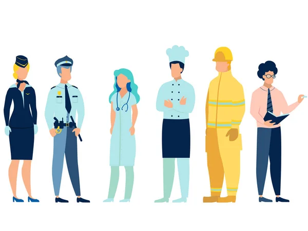 People of different professions. Doctor, fireman, teacher, stewardess, cook and policeman in uniform. In minimalist style. Cartoon flat Vector