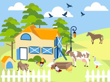 Çiftlik hayvanları inek, domuz, kuş, Bina, at, Agronomi. Minimalist tarzda. Karikatür düz vektör