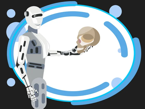 Die Zukunft der Menschheit, der Roboter hält den menschlichen Schädel. im minimalistischen Stil Cartoon flacher Vektor — Stockvektor