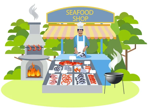 Tienda de mariscos, comida. En estilo minimalista Vector plano de dibujos animados — Archivo Imágenes Vectoriales