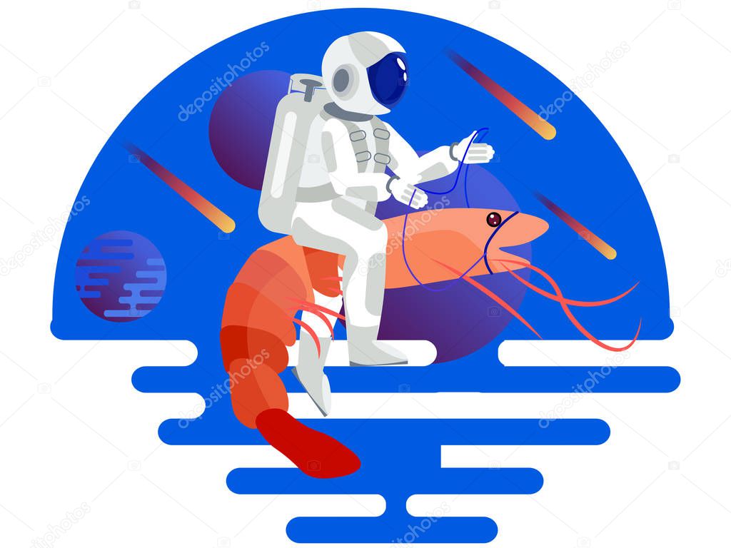 Astronaut riding a shrimp. In minimalist style Cartoon flat Vector