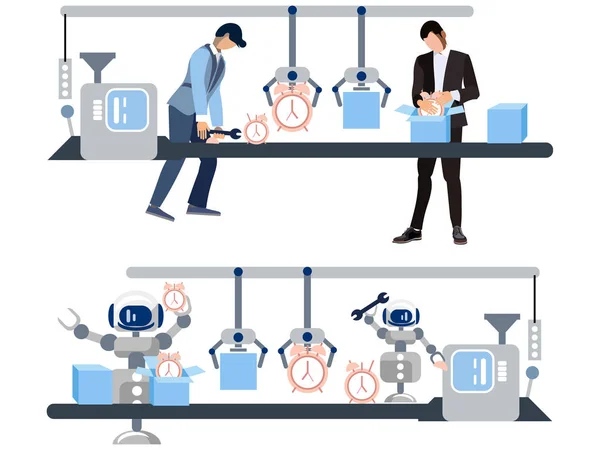 Uhrenproduktion. Der Unterschied ist die Einstellung von Menschen und Robotern zur Arbeit. im minimalistischen Stil Cartoon flacher Vektor — Stockvektor