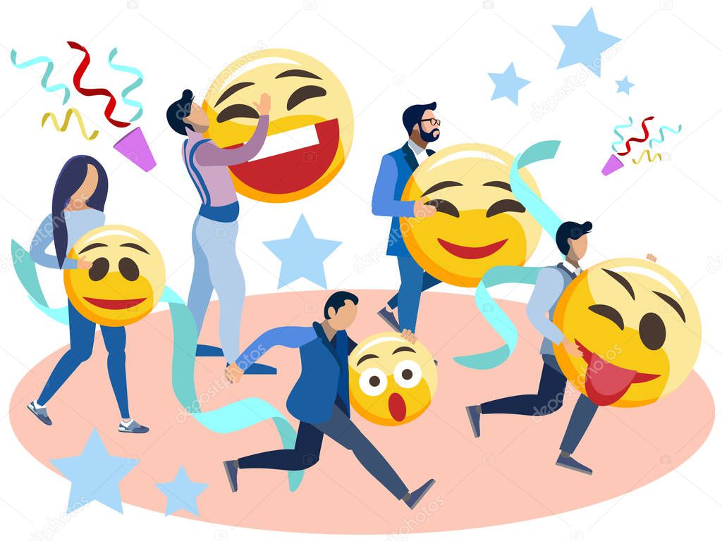 People run with smiles in their hands. In minimalist style Cartoon flat Vector