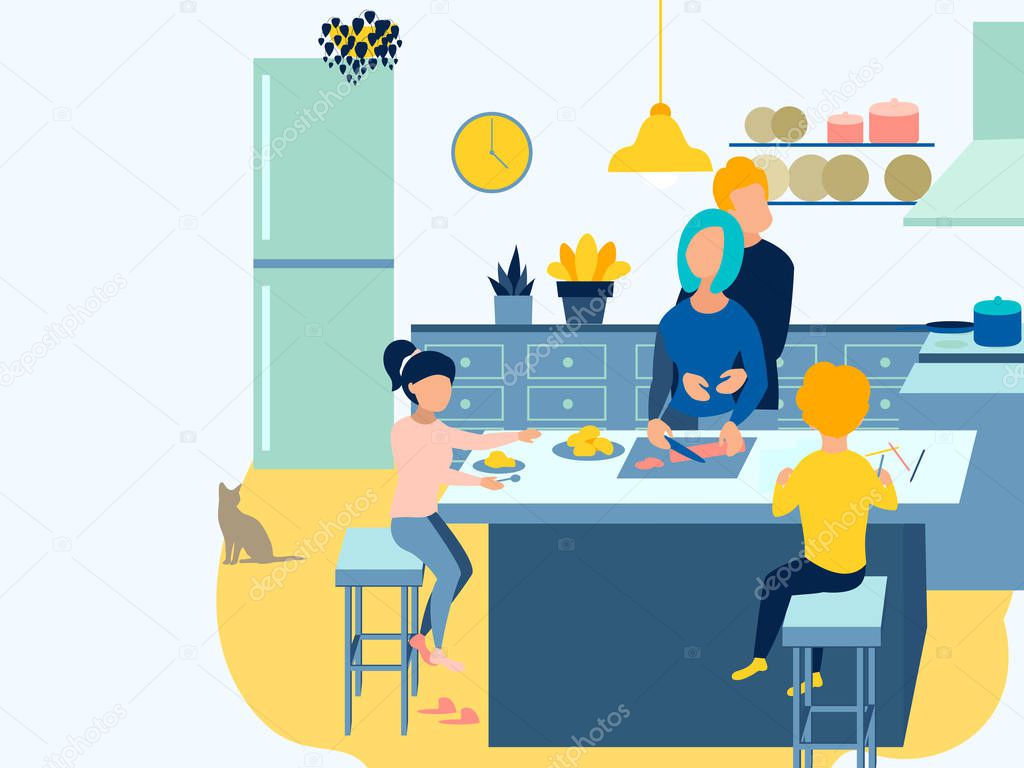 Home furnishings, breakfast. The family prepares food. In minimalist style Cartoon flat Vector