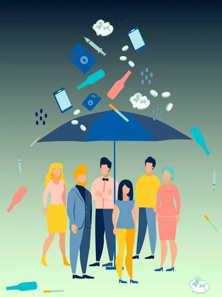 Problema ecológico. La gente se esconde bajo un paraguas de malos hábitos. En estilo minimalista Vector plano de dibujos animados — Archivo Imágenes Vectoriales