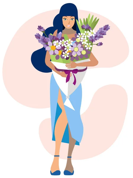 Mulher e grande buquê de flores. Em estilo minimalista Desenhos animados plana Vector — Vetor de Stock