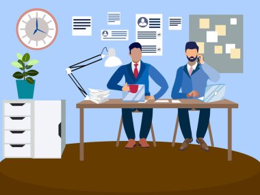 Ofis çalışma ortamında. Çalışanların çözmek belgili tanımlık problem. Minimalist tarzı çizgi film düz vektör