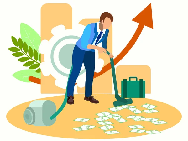 Man vacuuming money. In minimalist style Cartoon flat Vector — Stock Vector