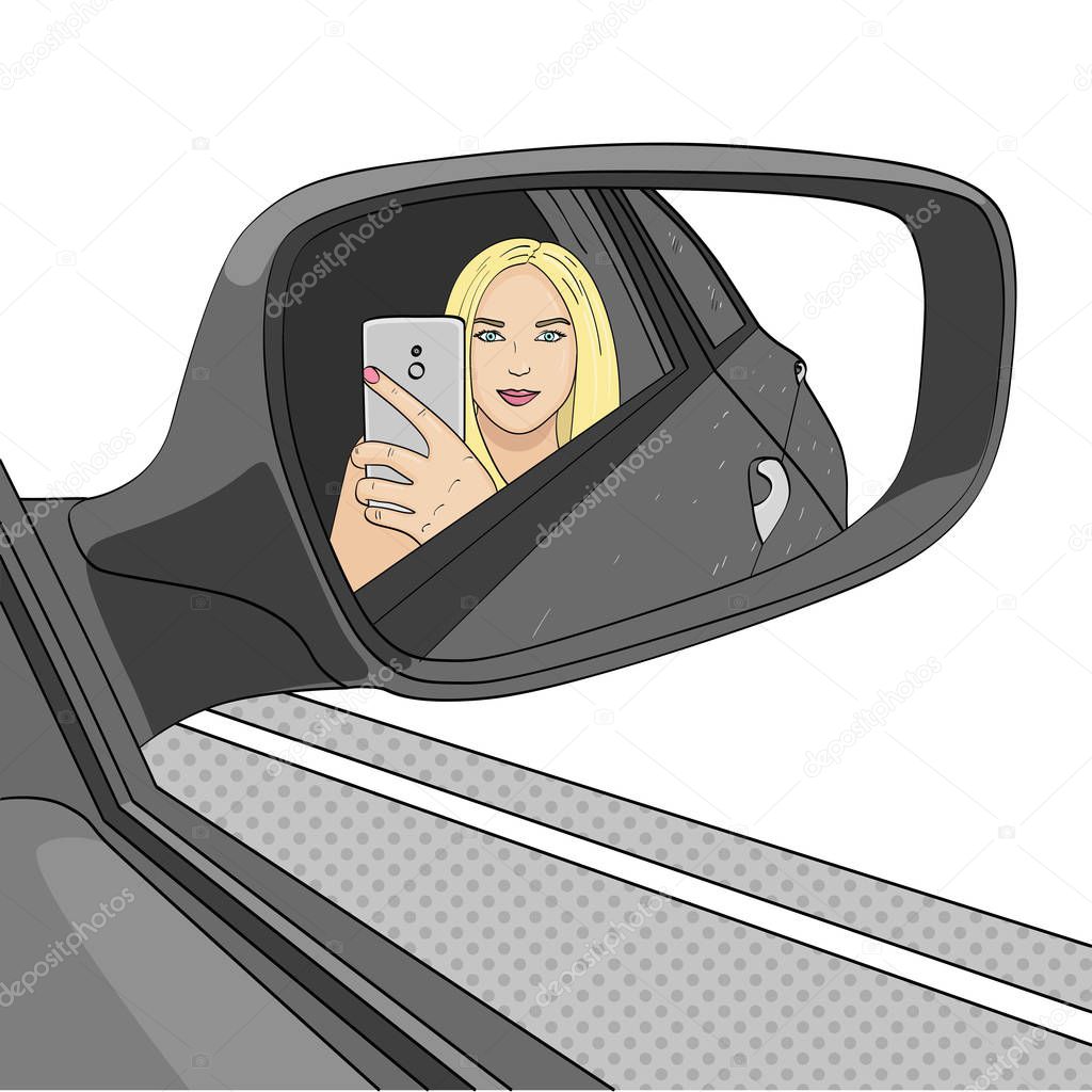 A young girl, a blonde is making a selfie photo in the mirror of a side view of a car. Raster On a white background