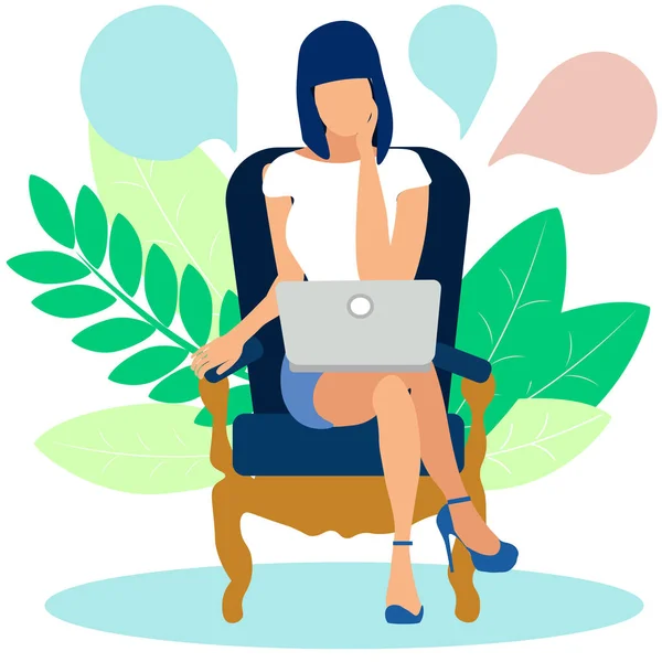 A woman ponders the solution to the problem behind a laptop. In minimalist style Cartoon flat Vector — Stock Vector