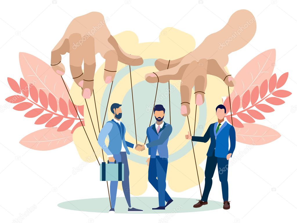 The hands of the puppeteer manage businessmen. In minimalist style. Flat isometric vector