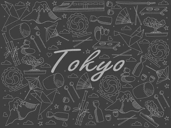 분필의 라인 아트 개체 조각입니다. 여행, 동쪽, 일본의 수도, 도쿄의 테마. 흰색 배경 위에 래스터 — 스톡 사진