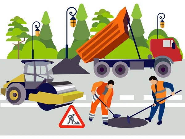 Employees of road works. Equipment and materials for repair. In minimalist style. Flat isometric vector — Stock Vector