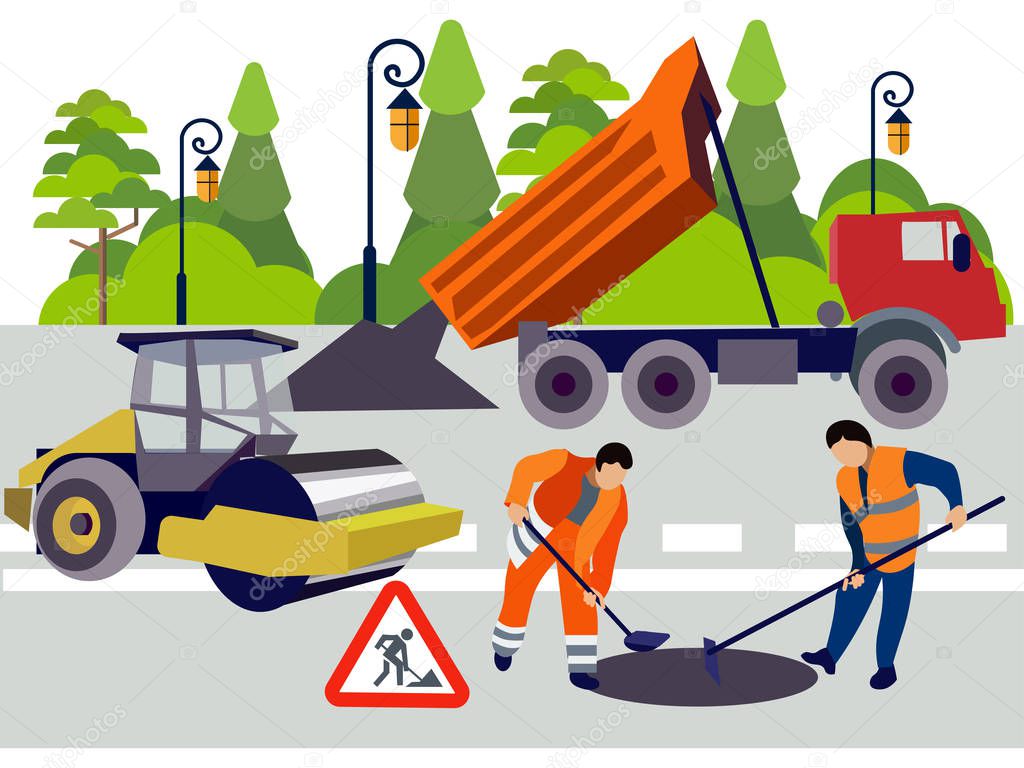 Employees of road works. Equipment and materials for repair. In minimalist style. Flat isometric vector