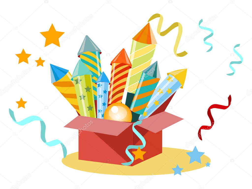 Box with fireworks, firecrackers. Set for the holiday. In minimalist style. Flat isometric vector