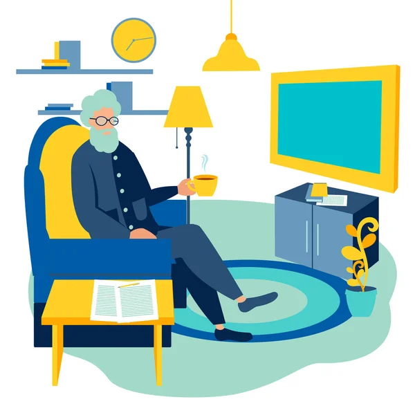 Starý muž sledování televize u domů kreslené vektorové — Stockový vektor