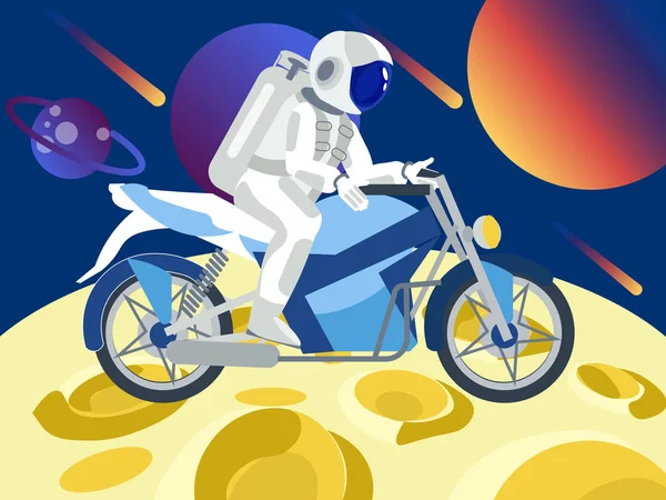 Astronauta monta una motocicleta en la luna. En estilo minimalista. Vector isométrico plano — Archivo Imágenes Vectoriales