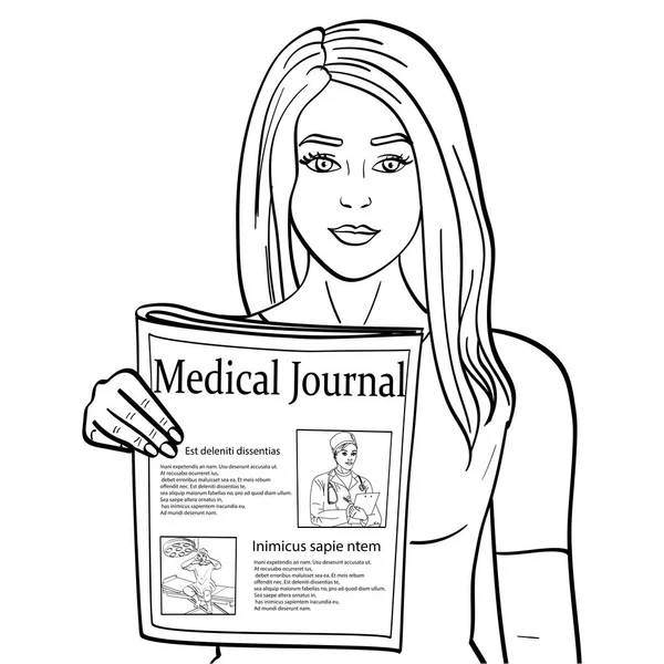 Isolated object coloring, black lines, white background. . Young girl shows stretching newspaper with news. Journalism, medical journal. Raster with text. — Stock Photo, Image