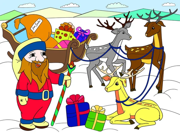 Childrens color cartoon animal friends in nature. Santa claus on the north pole next to sleighs and magical deer