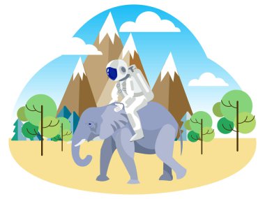 Bir fil sürme astronot. Afrika safari. Minimalist tarzda. Düz izometrik vektör