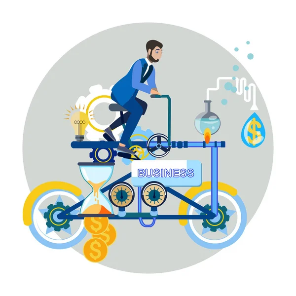 Homme d'affaires conduit une voiture d'affaires, vélo. Dans un style minimaliste Cartoon plat vecteur — Image vectorielle