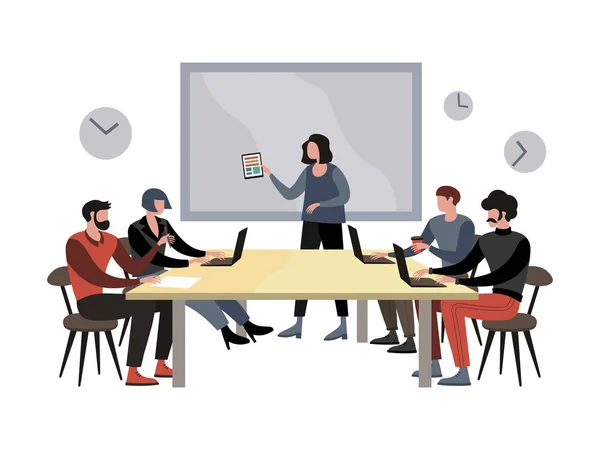 Briefing meeting in company vector illustration. Flat style — Stock Vector