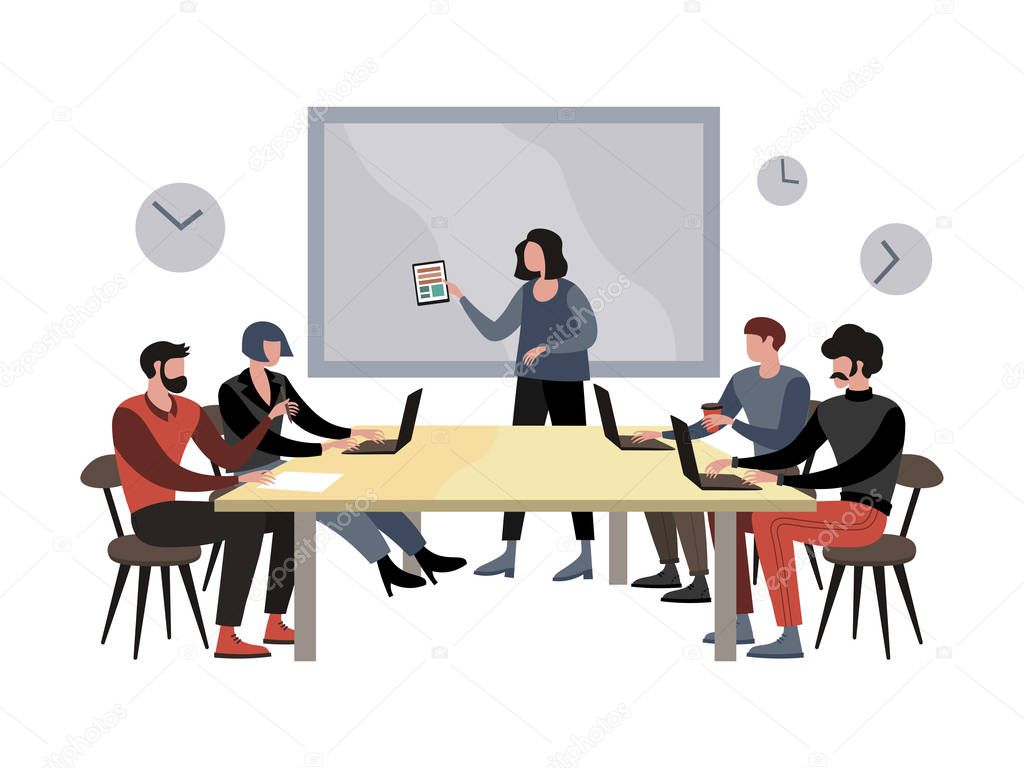 Briefing meeting in company vector illustration. Flat style