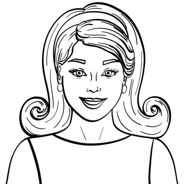 izole nesne boyama, siyah çizgiler, beyaz arka plan. Manken güzel esmer kız. Retro saç modeli, stil