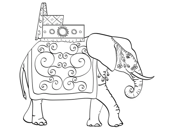 El objeto aislado la coloración, las líneas negras, el fondo blanco, el elefante en la India, el animal sagrado, las decoraciones para la fiesta. Raster. — Foto de Stock