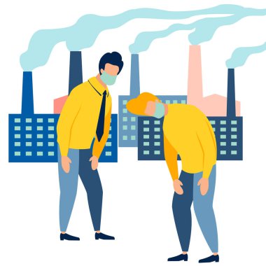 Ekolojik felaket. İnsanlar bitkinin dumanına boğuluyor. Minimalist tarzda karikatür düz vector