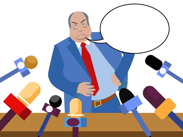 Bad politician, corrupt official gives interviews to journalists. In minimalist style. Flat isometric vector isolated on white background text bubble — Stock Vector